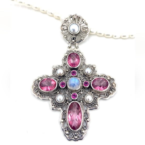 Nicky Butler Sterling Silver Pink Quartz Rhodolite Cross Pendant Pearl Necklace - Picture 11 of 16
